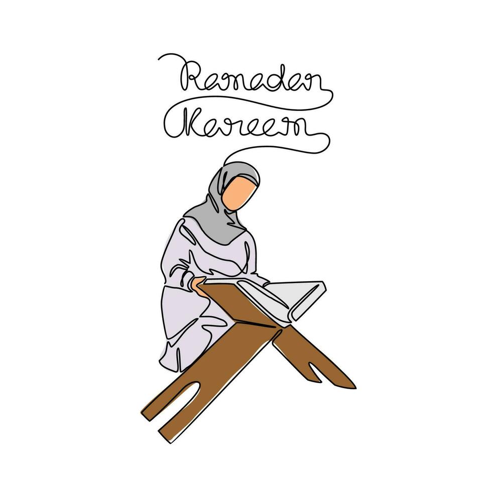 moslem Woman read Quran in the mosque during ramadhan time in continuous line art drawing style. design with Minimalist black linear design isolated on white background. Vector illustration