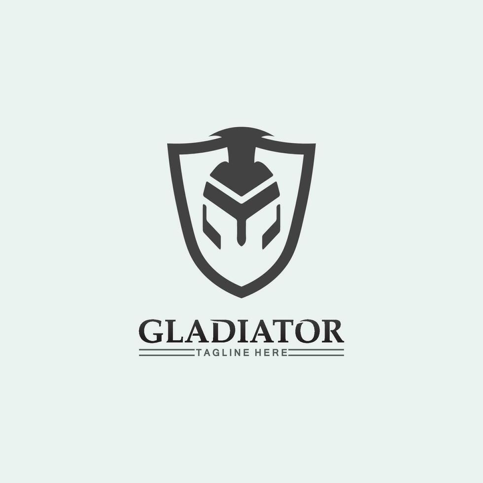 logo de casco espartano y gladiador, poder, vintage, espada, seguridad, logo legendario y vector de soldado clásico