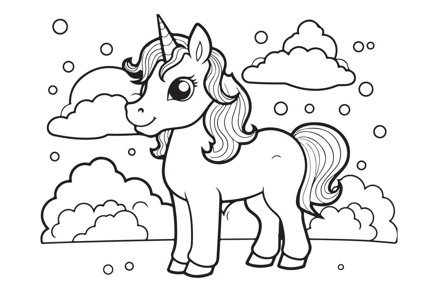 Vector outline for coloring book, Black and White  Unicorn Coloring Page illustration, coloring books, postcards, prints, posters, tattoos. stickers with Vector