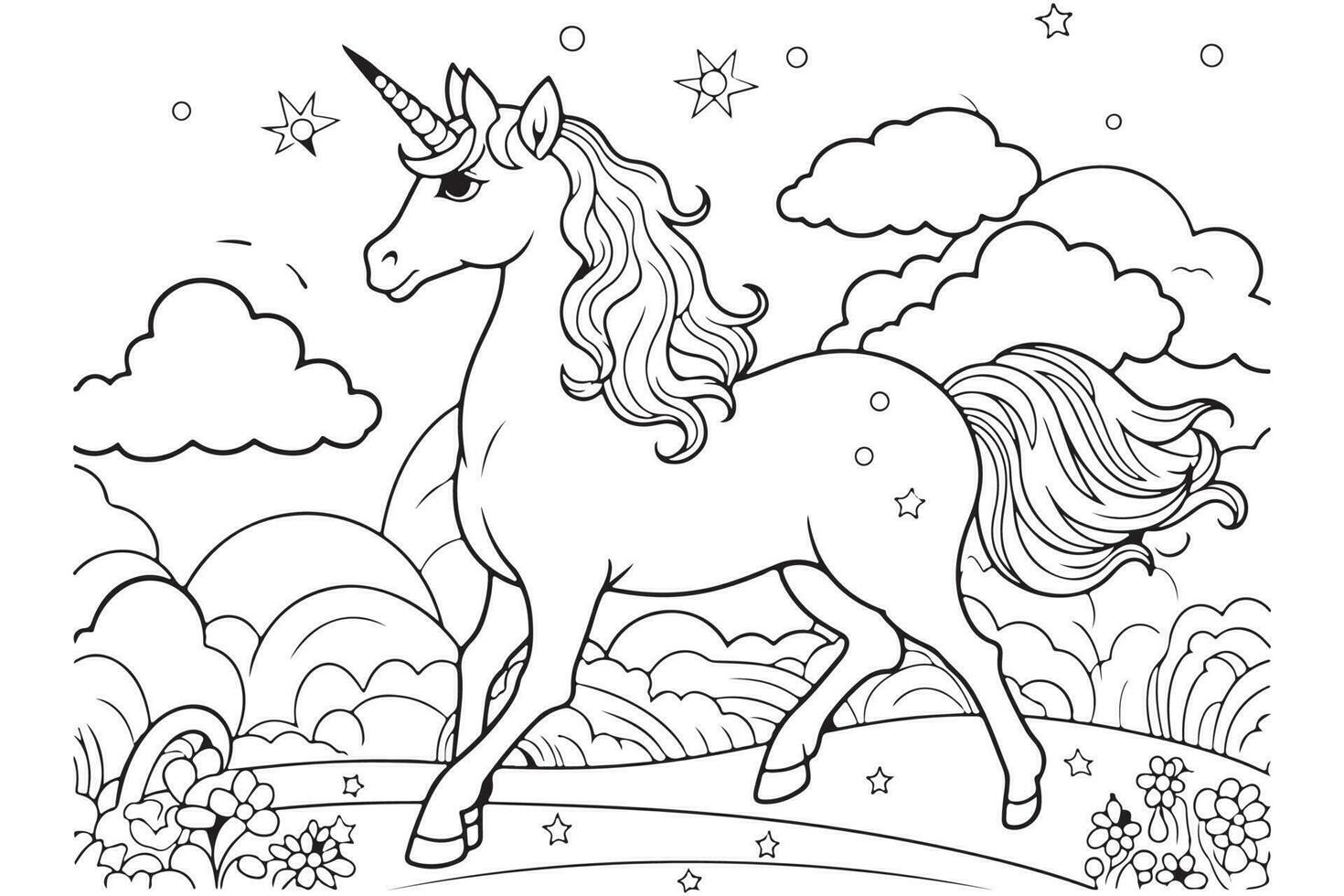 Vector outline for coloring book, Black and White  Unicorn Coloring Page illustration, coloring books, postcards, prints, posters, tattoos. stickers with Vector