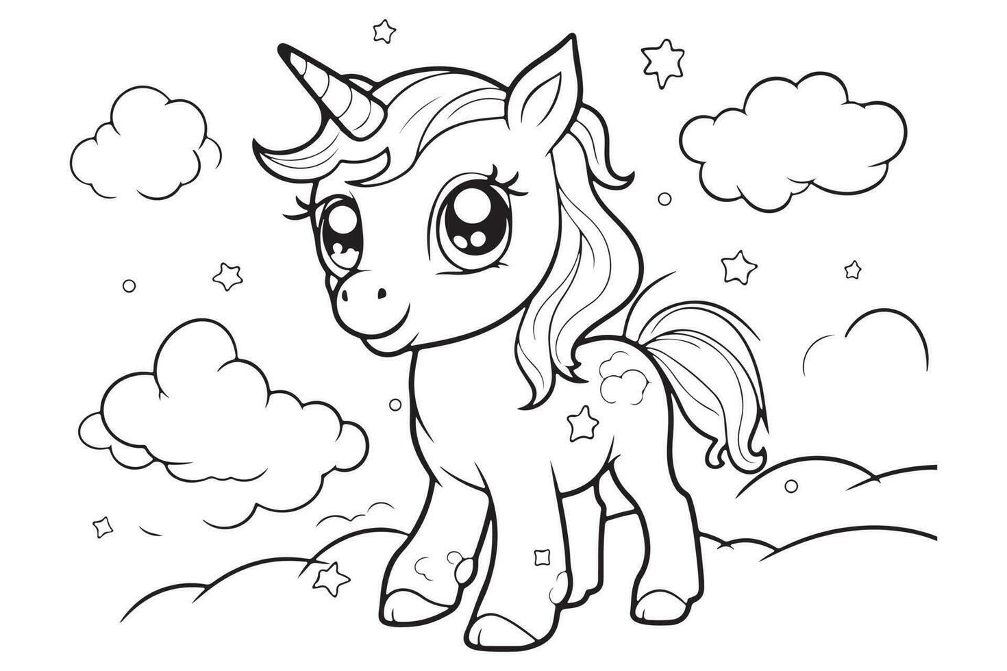 Vector outline for coloring book, Black and White  Unicorn Coloring Page illustration, coloring books, postcards, prints, posters, tattoos. stickers with Vector