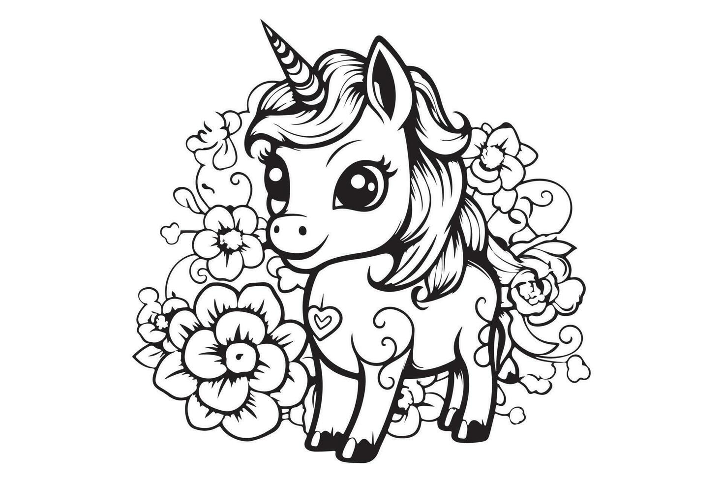 Vector outline for coloring book, Black and White  Unicorn Coloring Page illustration, coloring books, postcards, prints, posters, tattoos. stickers with Vector