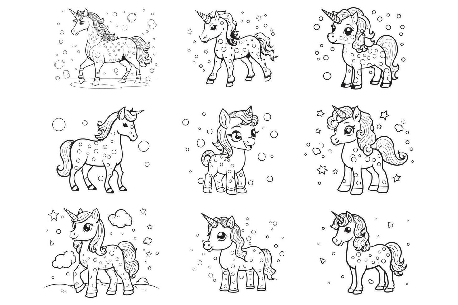 Vector outline for coloring book, Black and White  Unicorn Coloring Page illustration, coloring books, postcards, prints, posters, tattoos. stickers with Vector