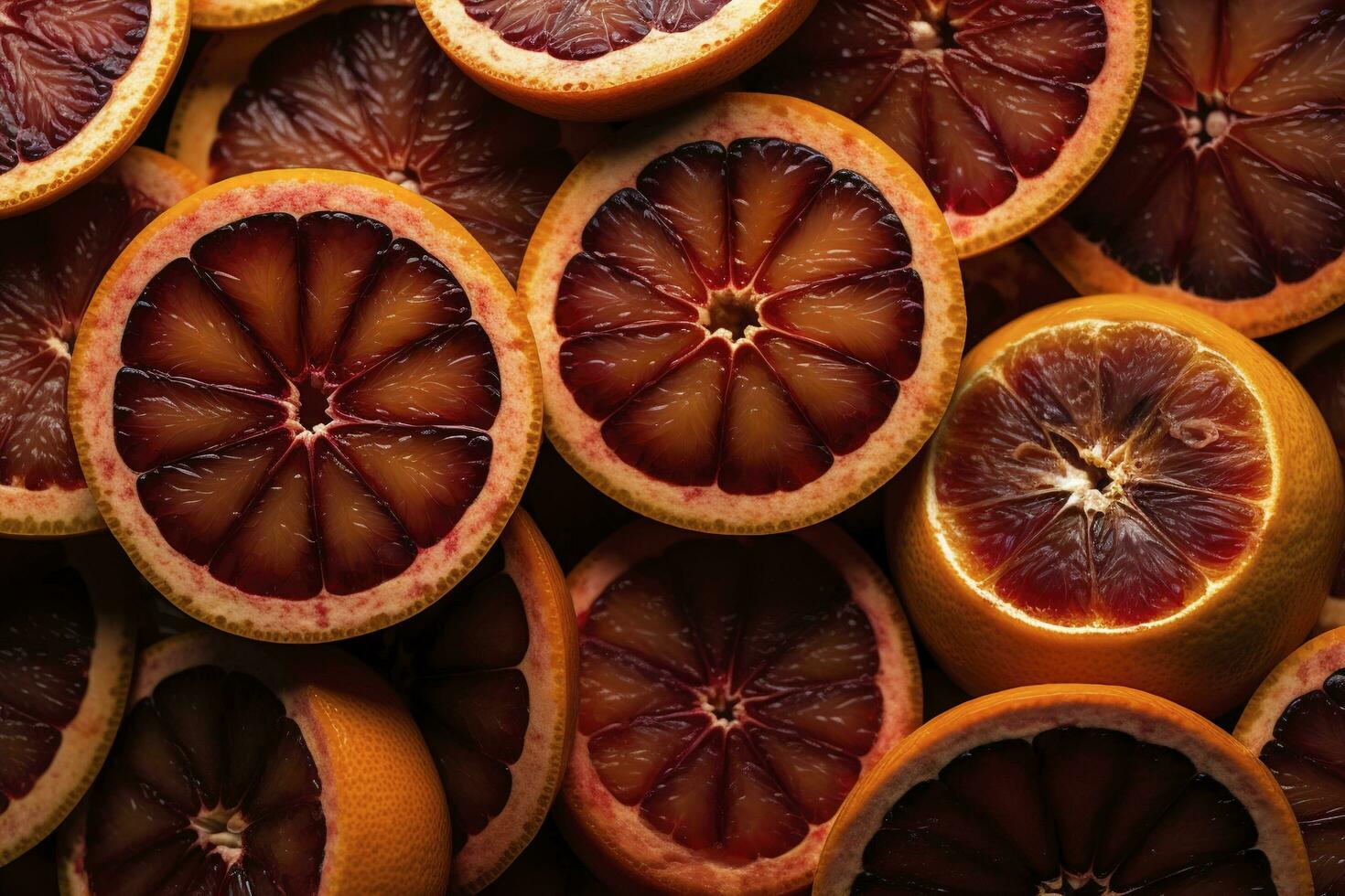 Many slices of juicy blood orange fruits as background, generate ai photo