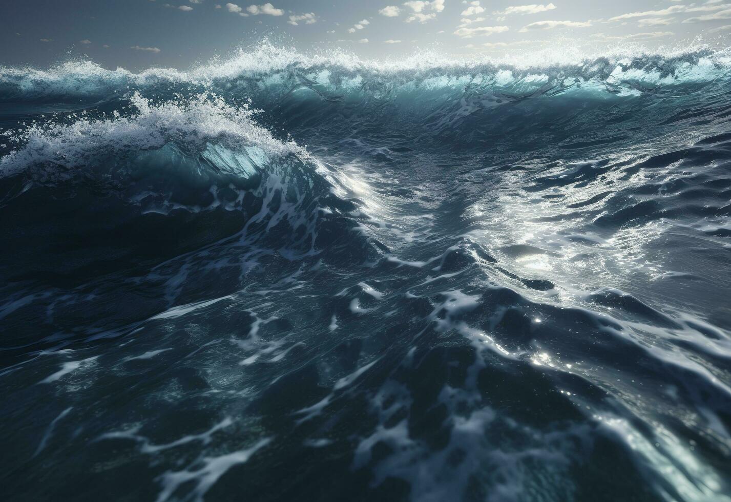 aerial view of huge waves in blue ocean, in the style of textural explorations, fluid gestures, unreal engine, generate ai photo