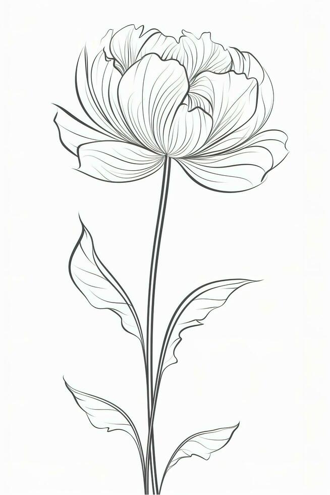 Poppy flowers in continuous line art drawing style. Doodle floral border with two flowers blooming among grass. Minimalist black linear design isolated on white background, generate ai photo