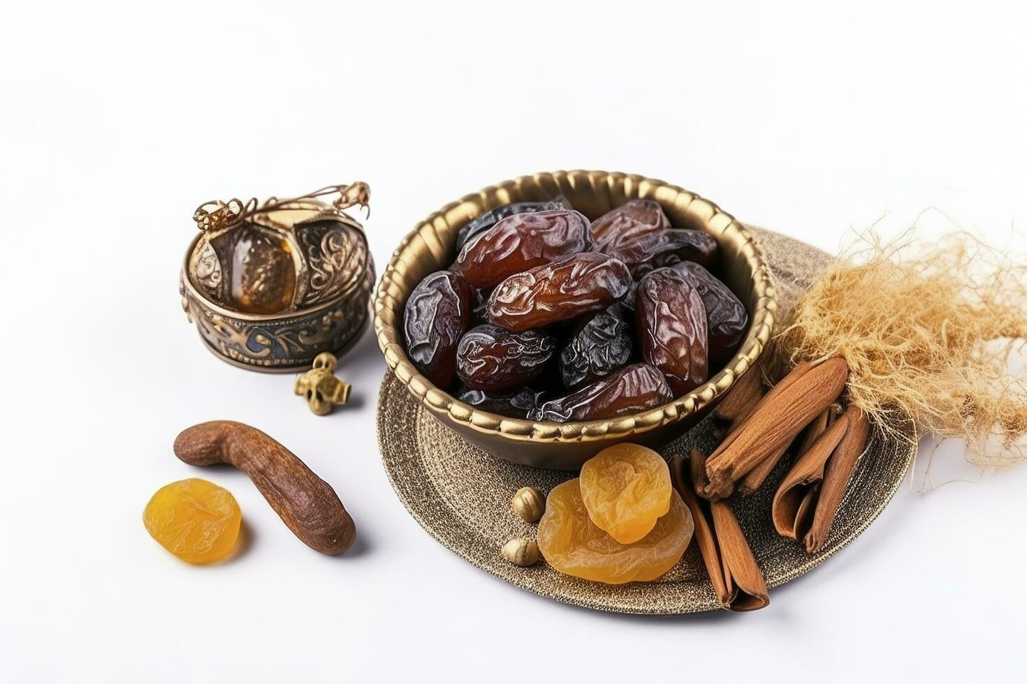 Eid al-Fitr holiday concept with sweet dried dates, fruits and decorations on bright background. Top view from above, generate ai photo