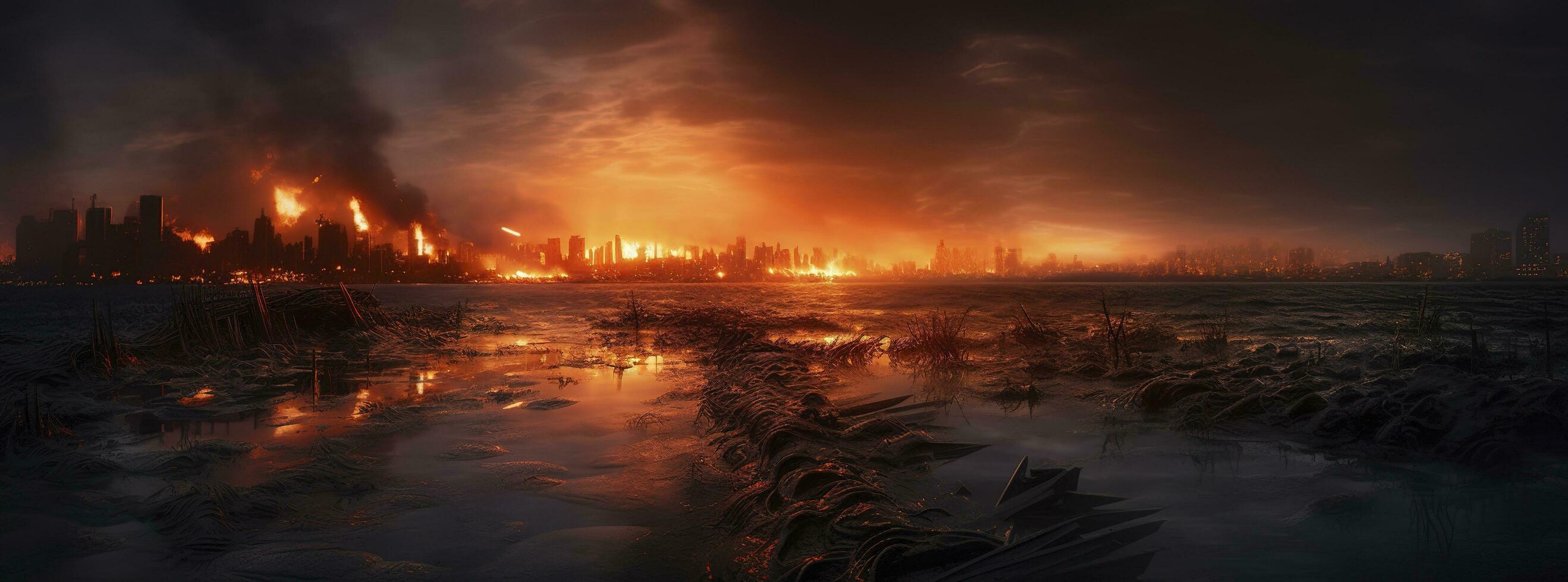 Post apocalypse. Nuclear apocalypse survivor. Ruined Cityscape. Concept. Banner size. Header, A nuclear explosion in the center of the metropolis. The beginning of apocalyptic, generate ai photo