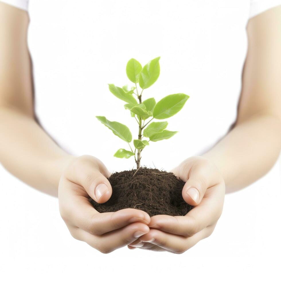 Environment Earth Day In the Tree plant in woman hand isolated on white background. Forest conservation concept, concept eco earth day. Saving the environment, ecology concept, generate ai photo