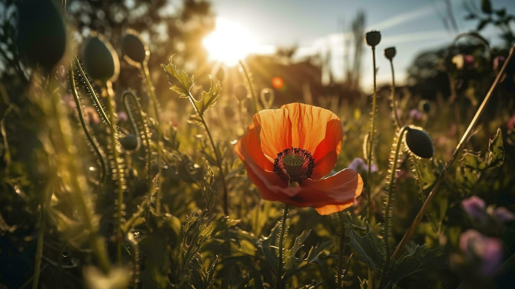 un maravilloso foto capturas el dorado hora en un campo de radiante rojo amapolas, simbolizando el belleza, resiliencia, y fuerza de naturaleza, generar ai