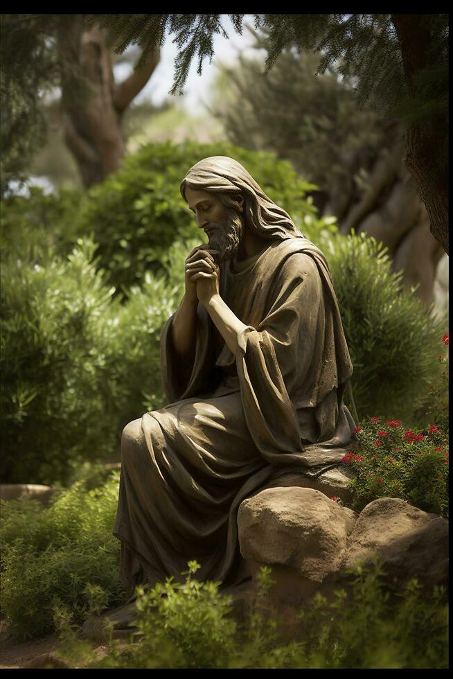 Jesus Christ praying in the garden of olive. AI generativ. photo