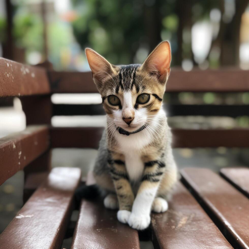 Stray kitten on the bench photo