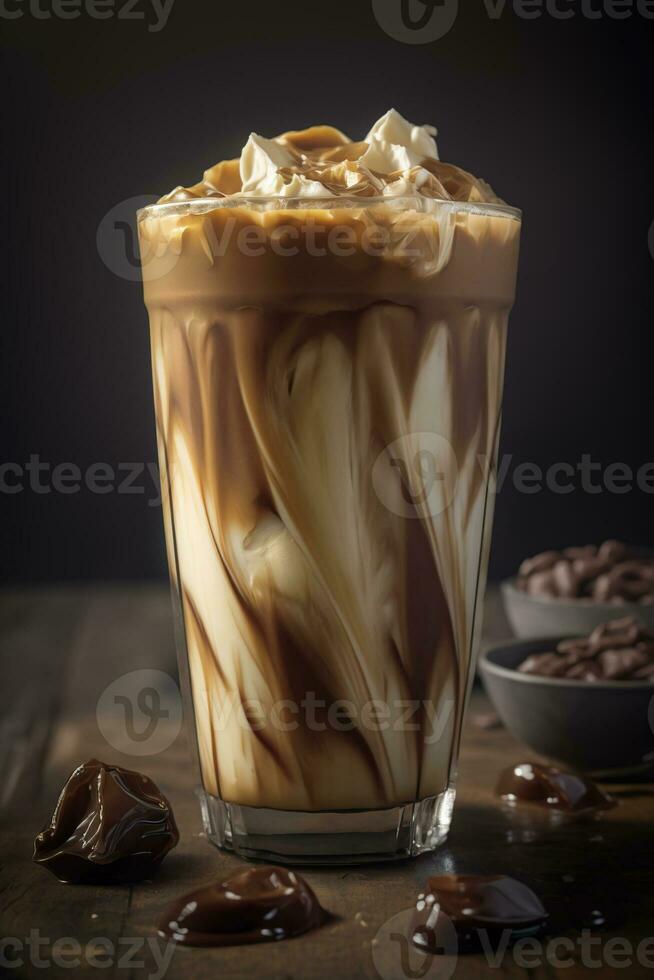 Chocolate peanut butter iced coffee with whipped cream and chocolate