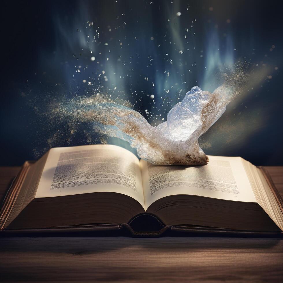 Open magic book with light coming out, photo