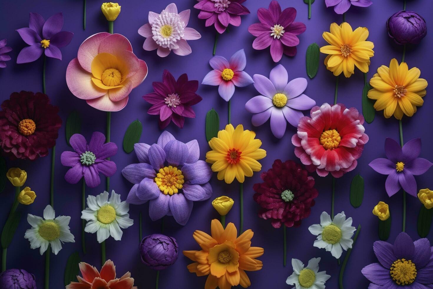 multicolored spring flowers on purple background , generate ai photo