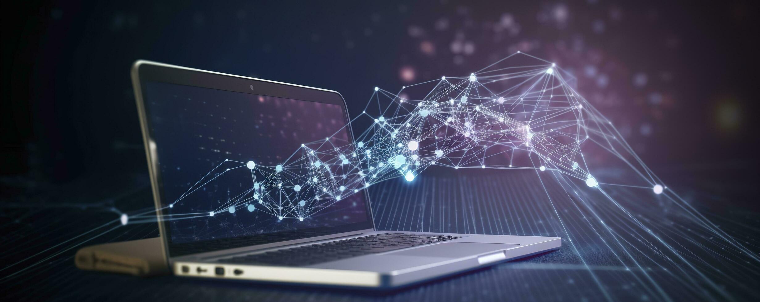 Big data technology background. Using a laptop against the background of visualization of a computer internet network, social connection, analytics, information, generate ai photo