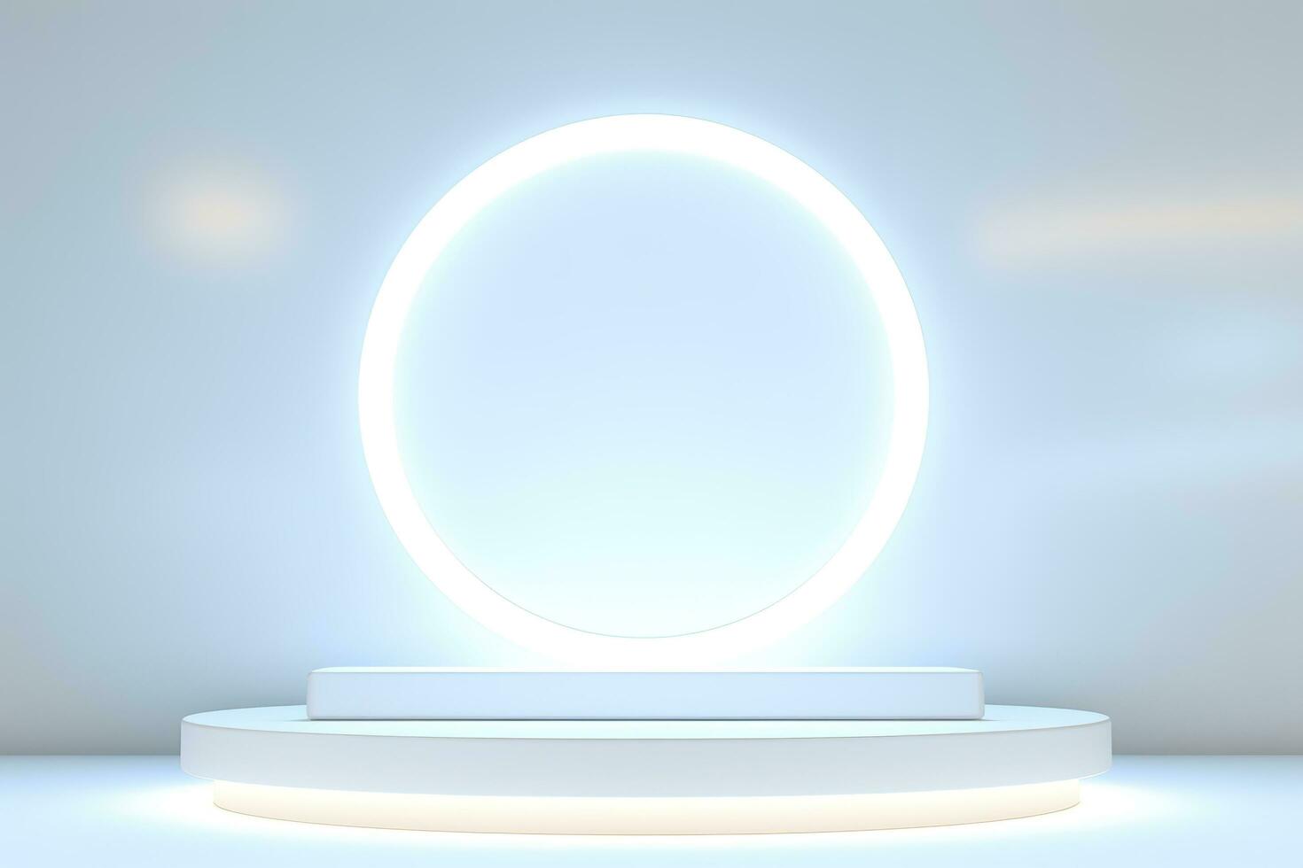 Abstract 3D silver cylinder pedestal podium floating on air with glowing neon ring background. Silver wall scene for product display presentation. rendering geometric platform, generate ai photo