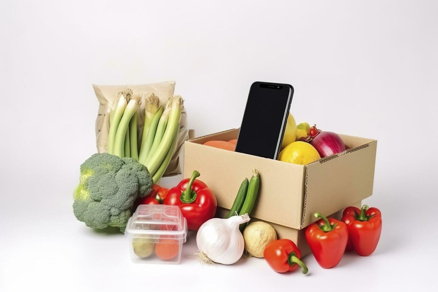 smartphone with food delivery application over table with fresh groceries isolated on white background, generate ai photo