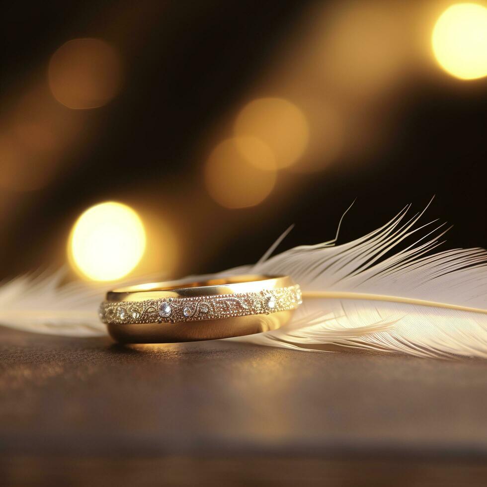 dos dorado Boda anillos y pluma - ligero suave antecedentes , generar ai foto