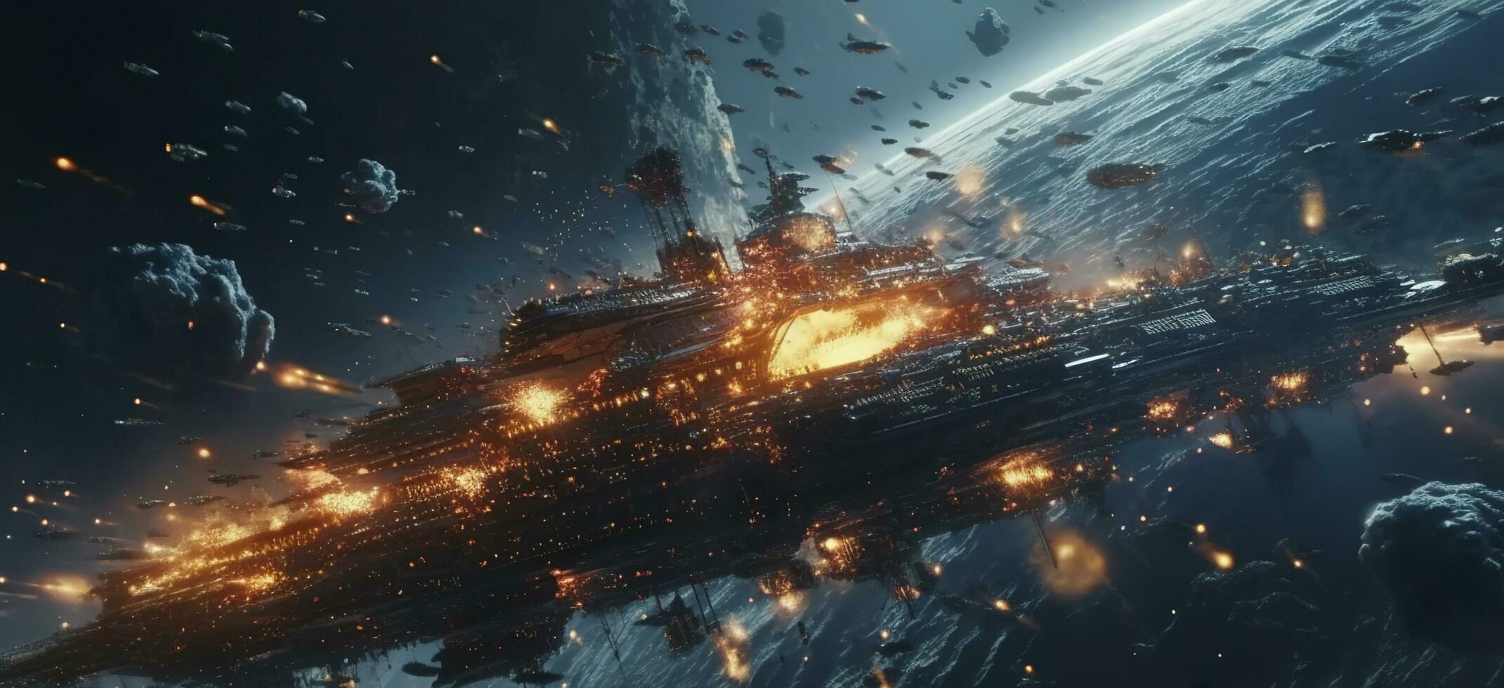 Cinematic Still, intense space battle between two massive battleships, starry sky, nebulae, galaxies, HDR futuristic space battleship destroyers traveling through an asteroid field, generate ai photo