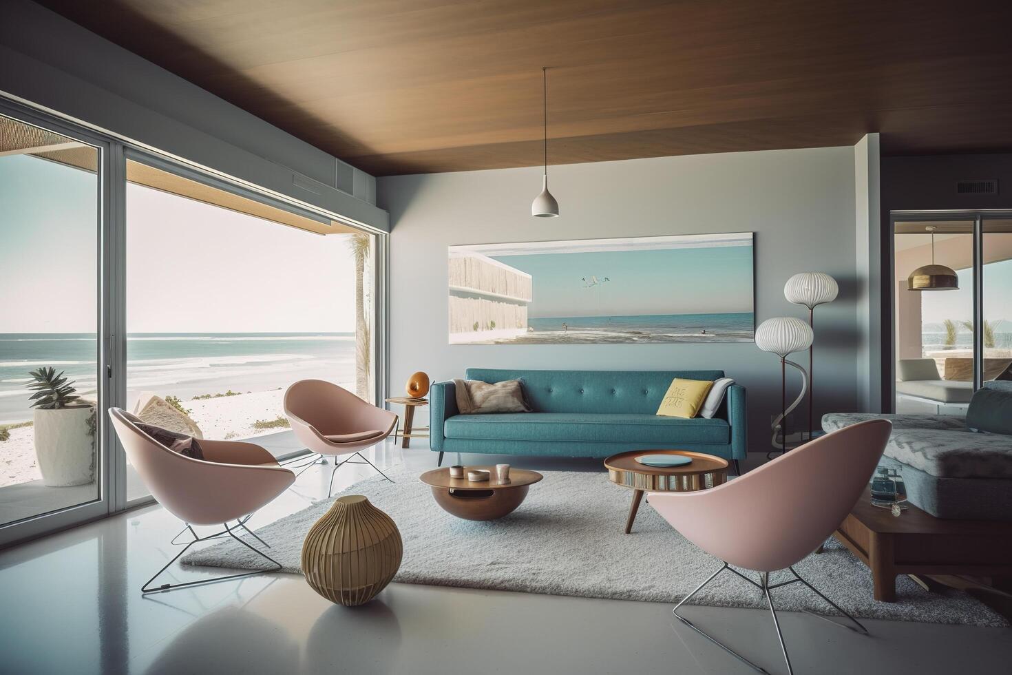 illustration of mid-century modern beachfront villa interior design photo