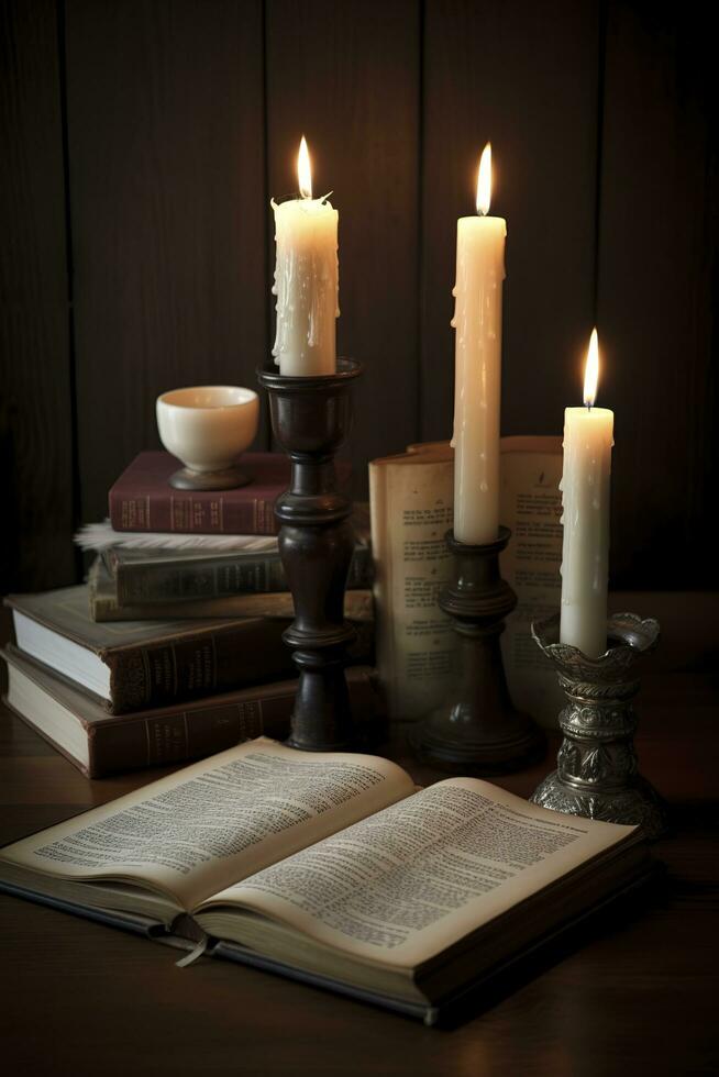 biblia, mujer leyendo desde el santo Biblia, generar ai foto