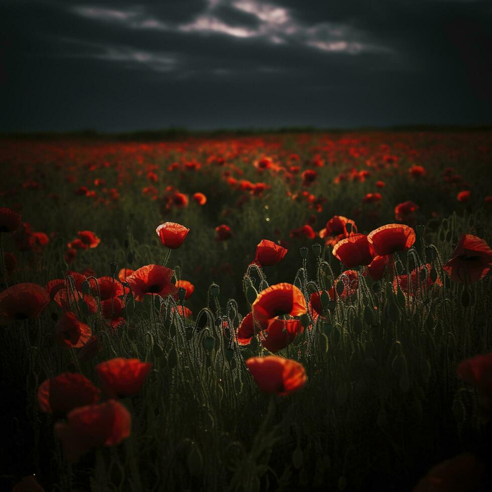 Dramatic Poppy flowers field. Anzac day banner. Remember for Anzac, Historic war memory. Anzac background. Poppy field, Remembrance day. , generate ai photo