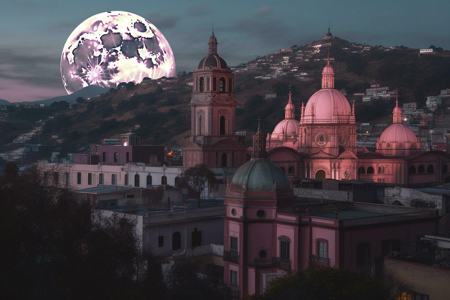 a city skyline with a full moon and city lights, in the style of web Anderson, Sultan Mohammed, Alex Prager, Quito school, cinematic stills, frost punk, glittery and shiny, generate ai photo