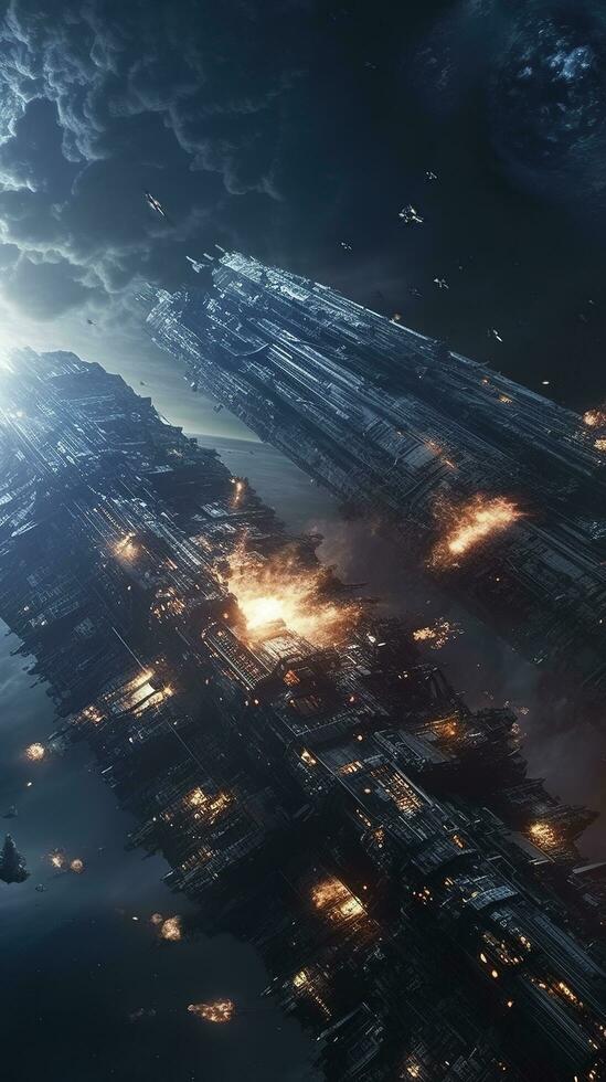 Cinematic Still, intense space battle between two massive battleships, starry sky, nebulae, galaxies, HDR futuristic space battleship destroyers traveling through an asteroid field, generate ai photo