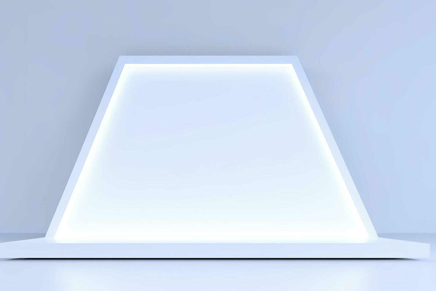Realistic podium display with neon white lights, Product display background with light frame, White prodium product display with light effect, neon lights background, generate ai photo