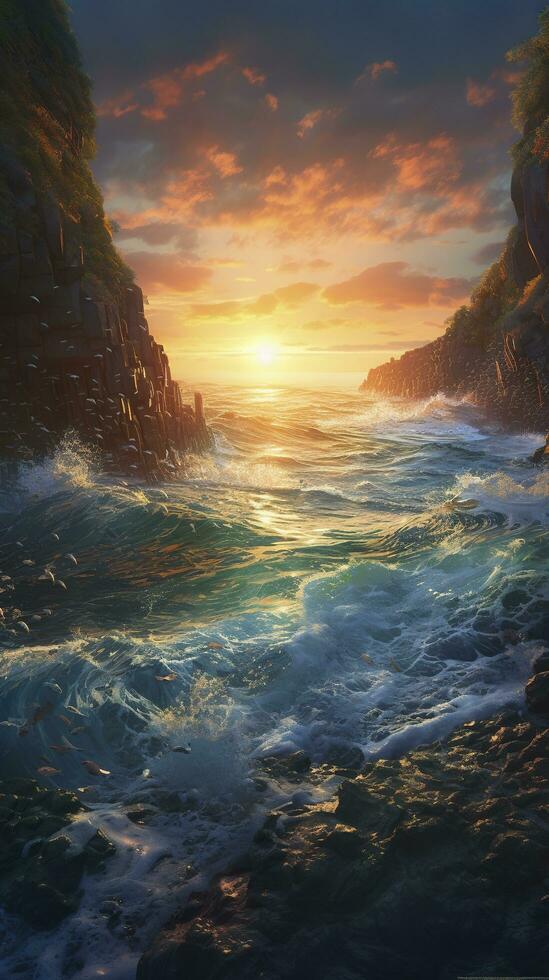 Magical red sunset in the open sea red sky and ocean waves at dusk beautiful sunset above the sea sunset background, generate ai photo