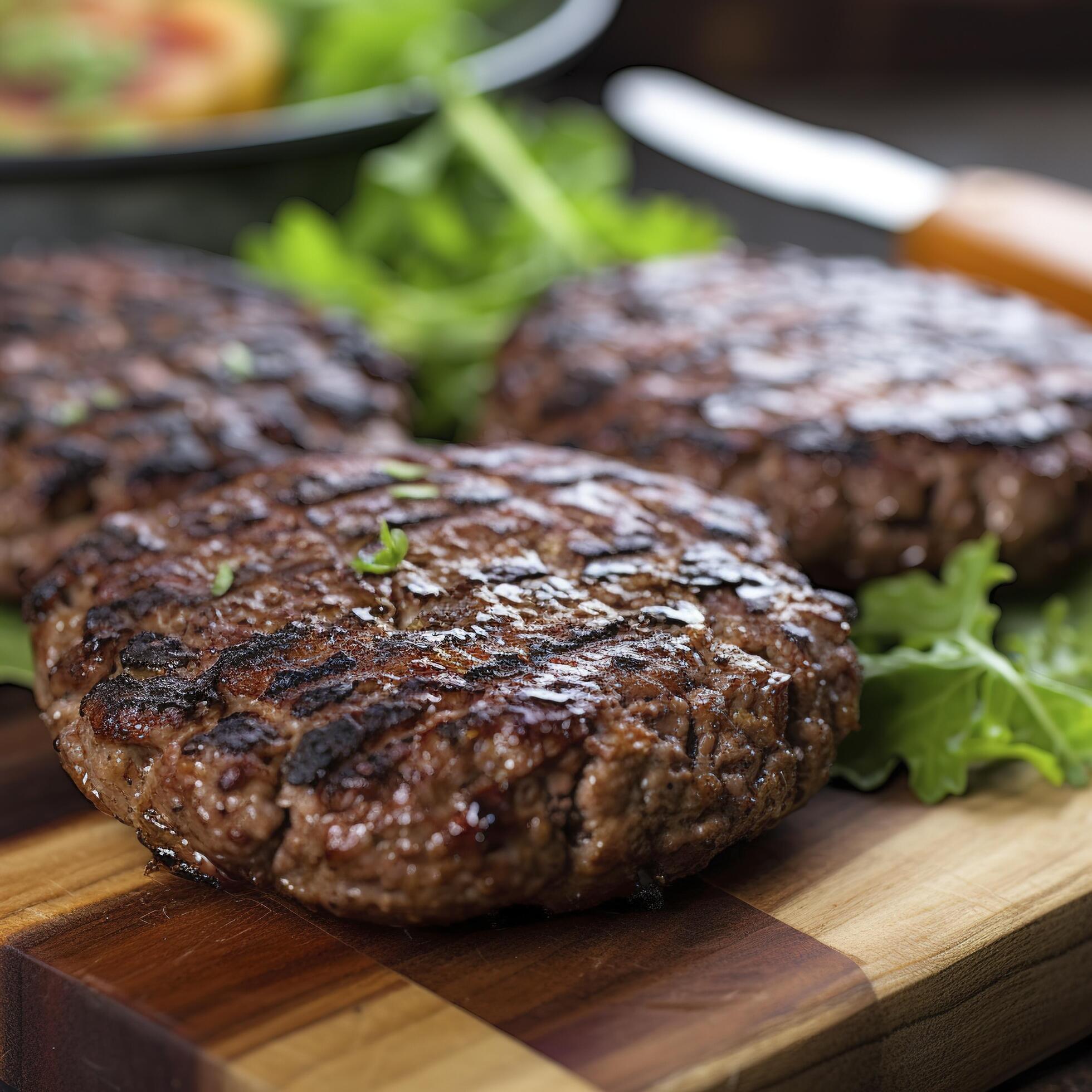 Tasty grilled hamburger patties with seasonings on wooden table
