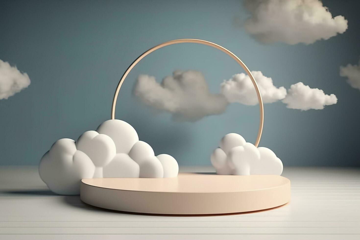 Mock up display platform podium stage with clouds background, show the cosmetic product, Generate Ai photo