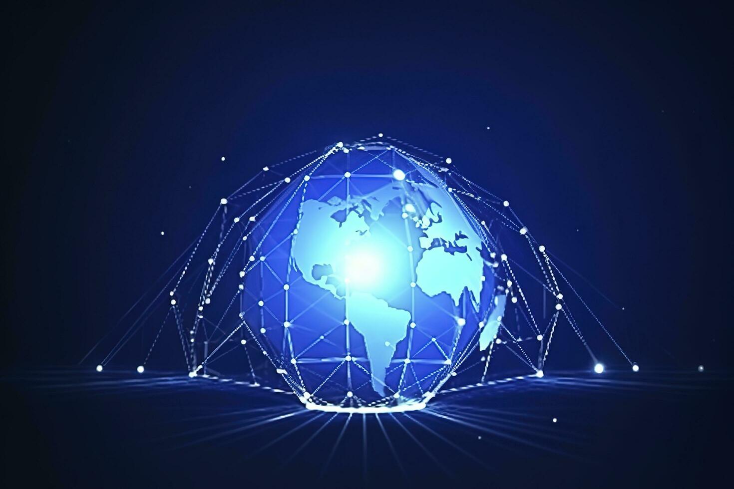Global network on Earth concept. 3D rendering, World map point. Big data analytics and business concept, world map point and line composition concept of global business, generate ai photo