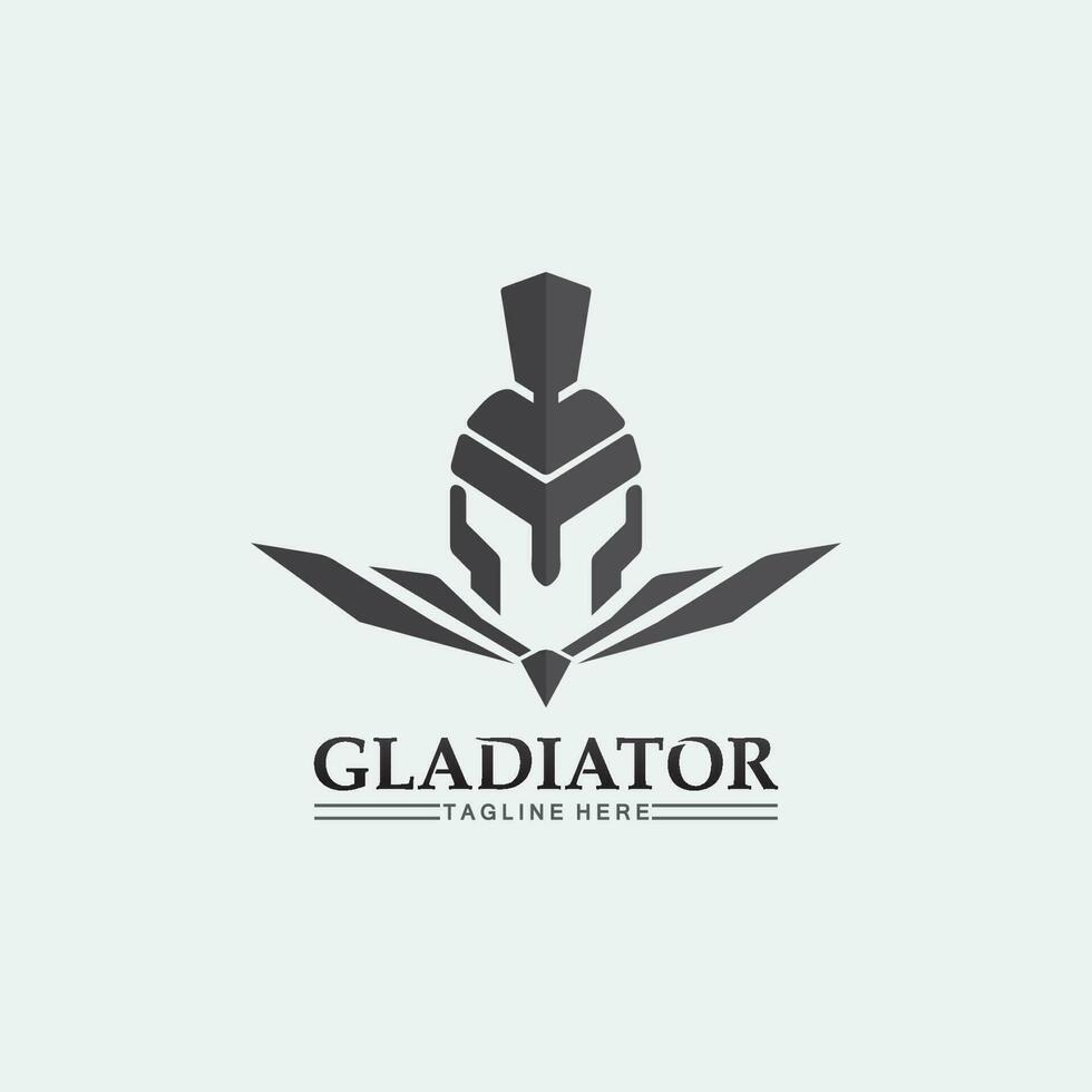 logo de casco espartano y gladiador, poder, vintage, espada, seguridad, logo legendario y vector de soldado clásico