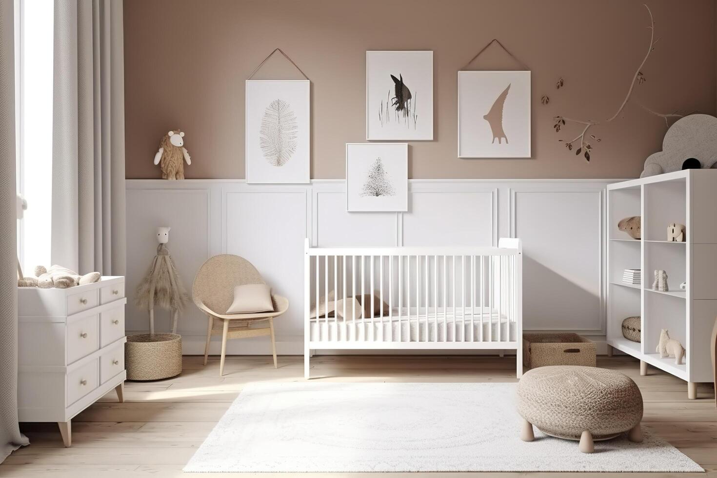 Modern minimalist nursery room in scandinavian style. Baby room interior in light colours, image photo