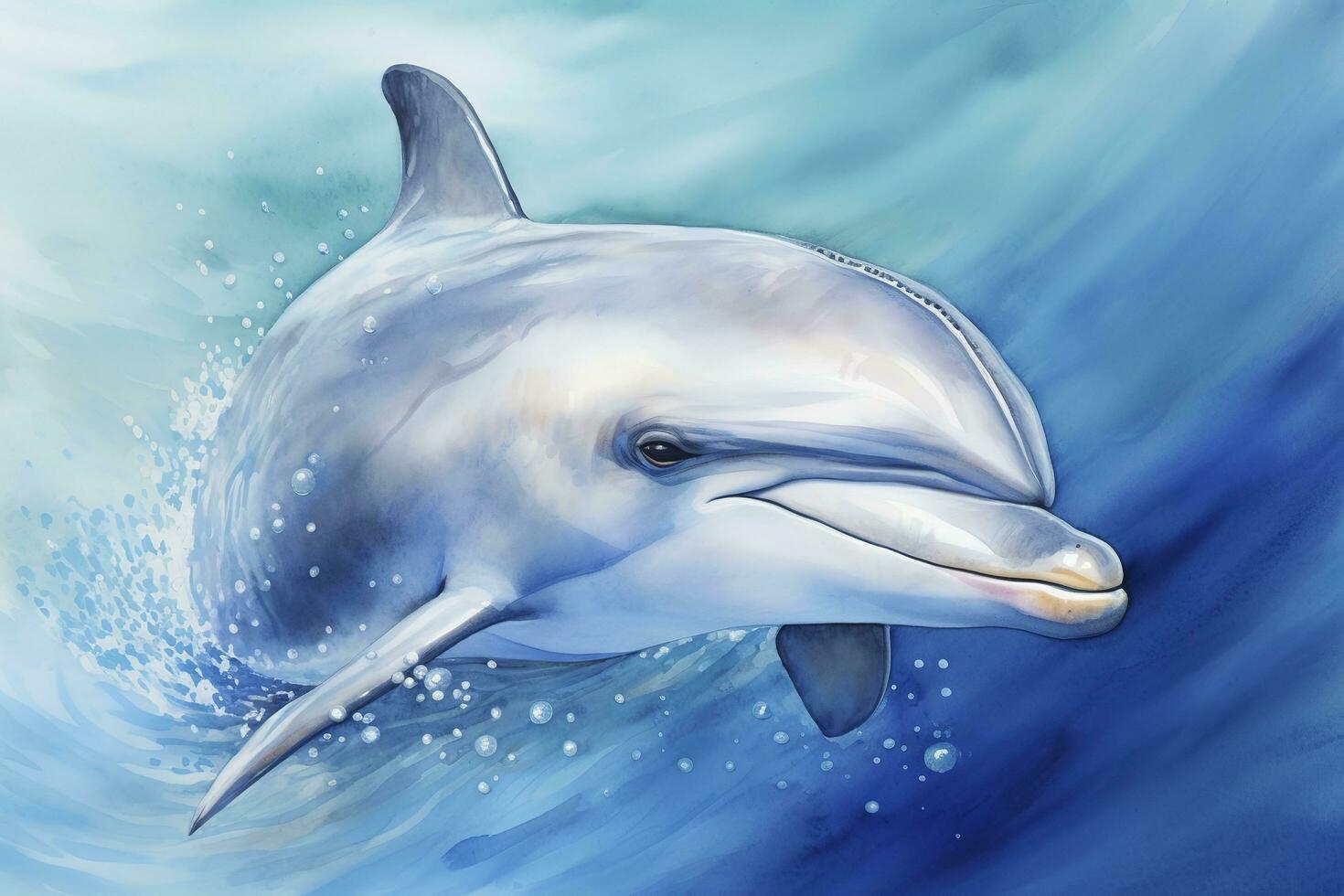 Paint a playful dolphin jumping out of the water watercolor painting, beautiful natural forms, crisp clean shapes, colorful, white background, generate ai photo