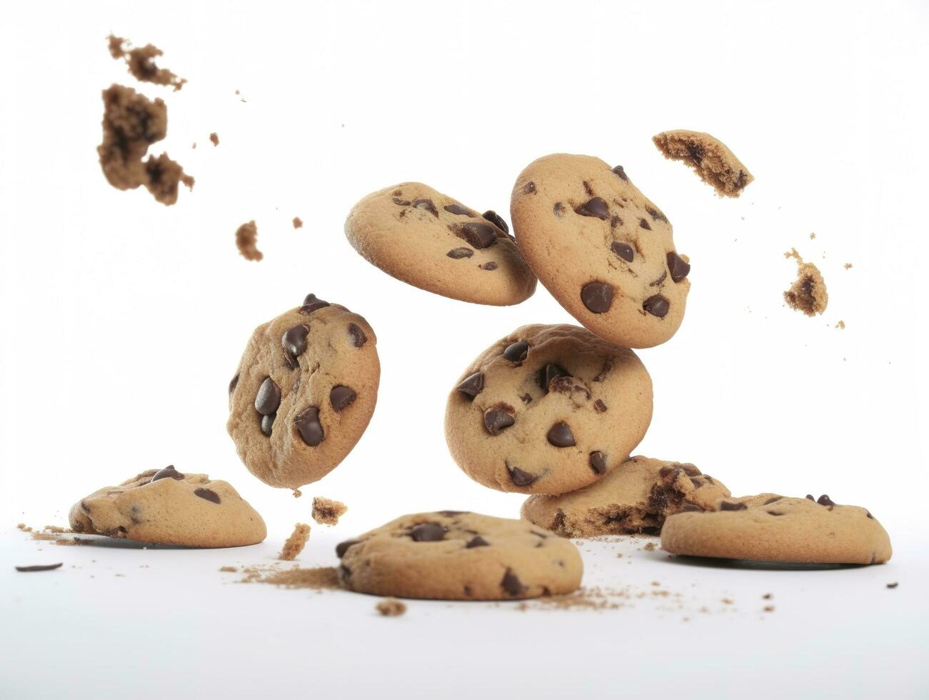 Tasty chocolate chip cookies falling isolated on white background, generate ai photo