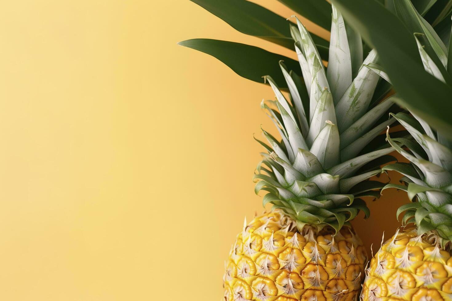 Beautiful pineapple on tropical palm monstera leaves isolated on bright pastel yellow background, top view, flat lay, overhead above summer fruit. , generate ai photo