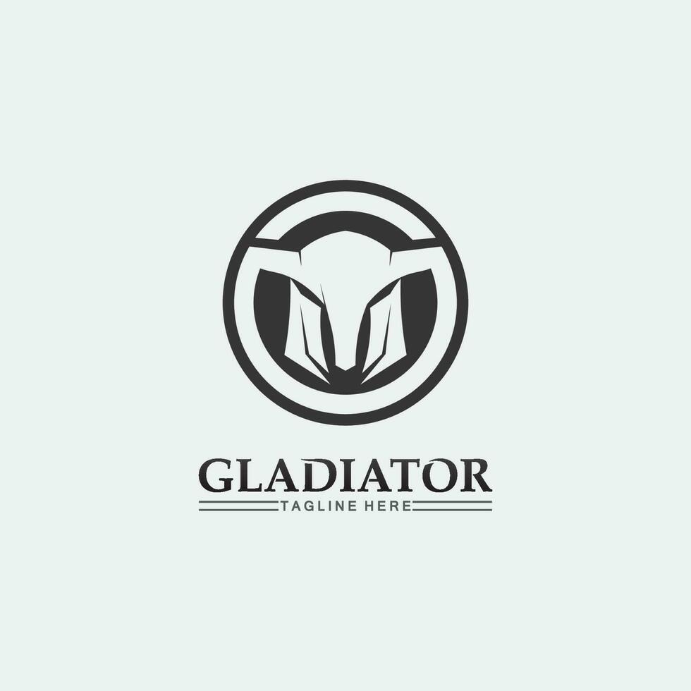 logo de casco espartano y gladiador, poder, vintage, espada, seguridad, logo legendario y vector de soldado clásico