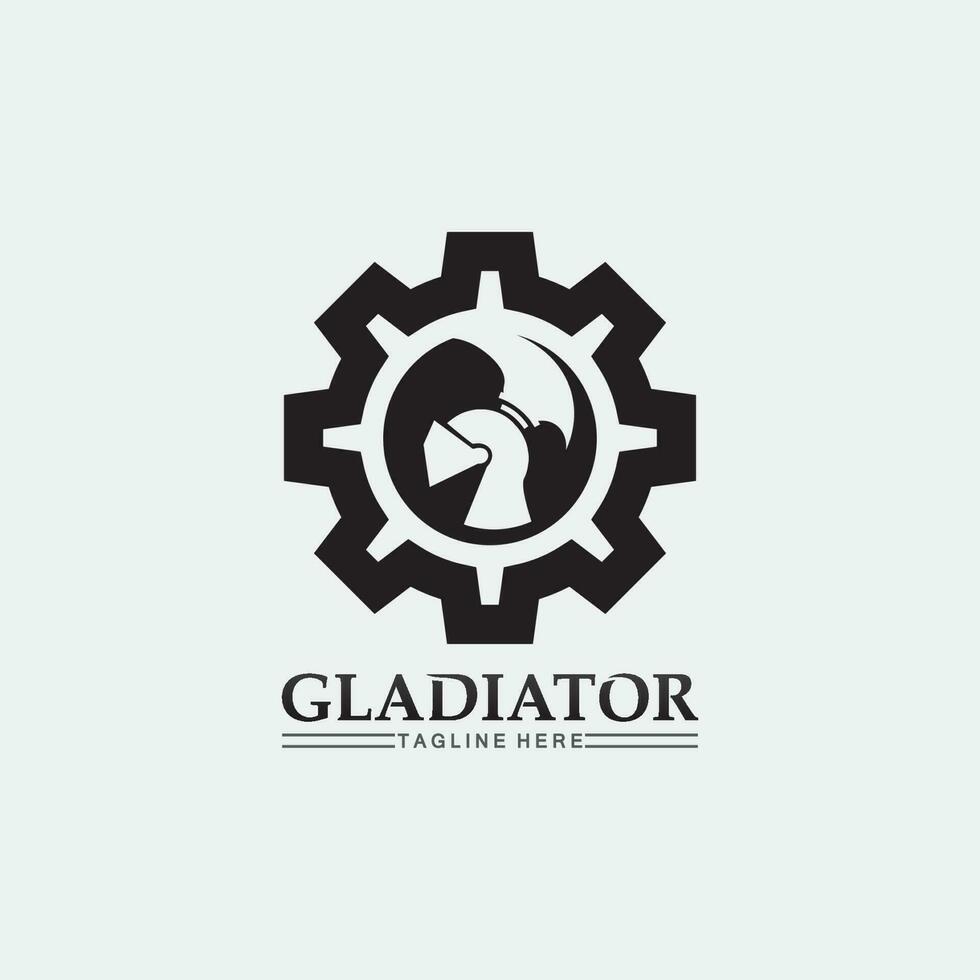 logo de casco espartano y gladiador, poder, vintage, espada, seguridad, logo legendario y vector de soldado clásico