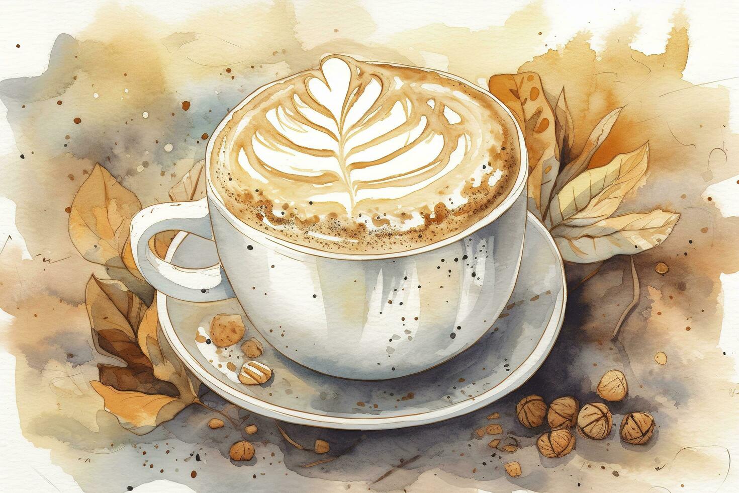 mano dibujado acuarela café con chocolate pastel, capuchino taza con platillo, aislado en blanco antecedentes. delicioso comida ilustración, generar ai foto