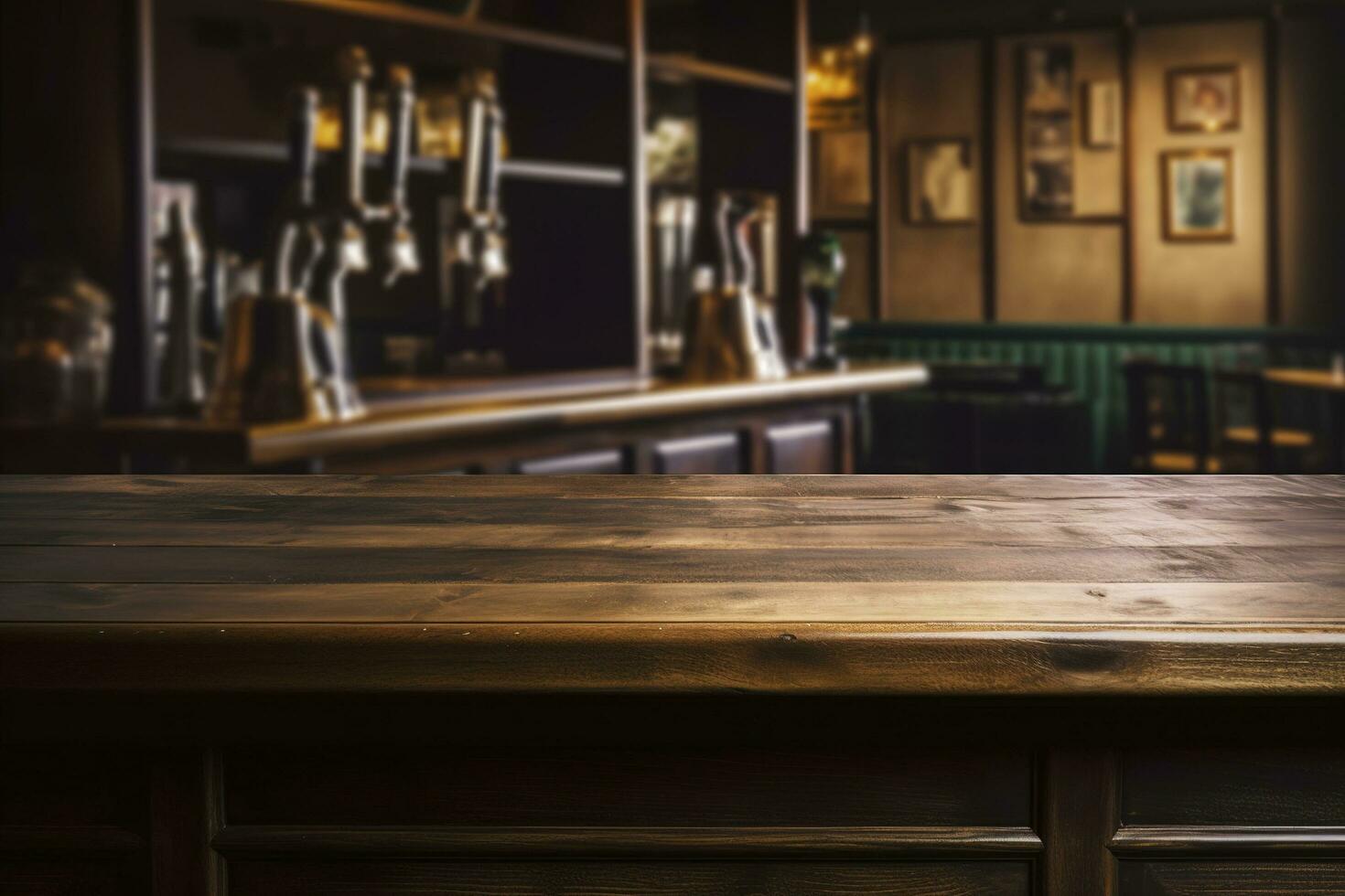 Pub bar counter with wooden table background, generate ai photo