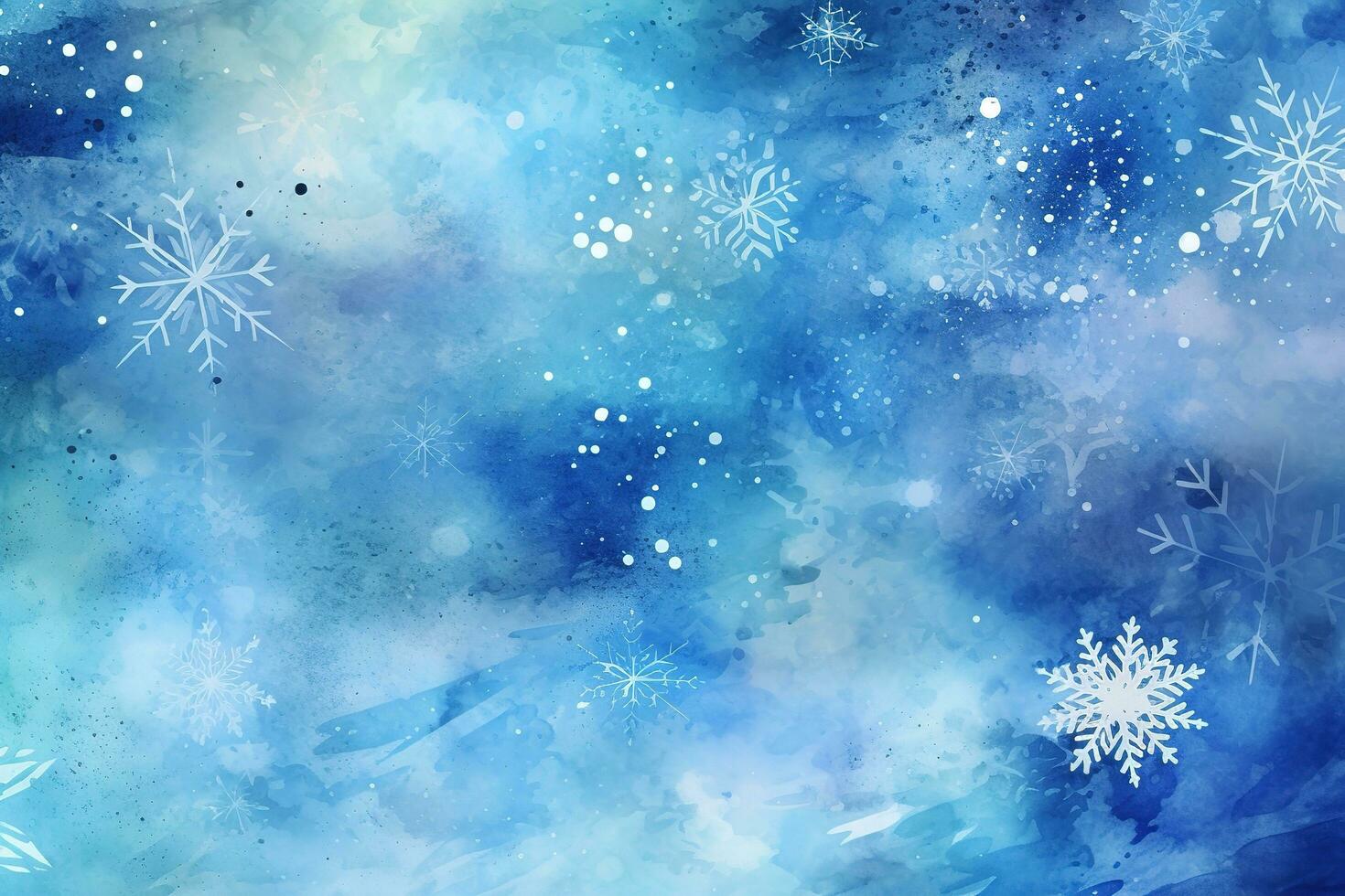 fiesta nieve copos de nieve acuarela ilustración para Navidad tarjetas en flor de cuchara, en el estilo de cielo azul, vibrante etapa telones de fondo, generar ai foto