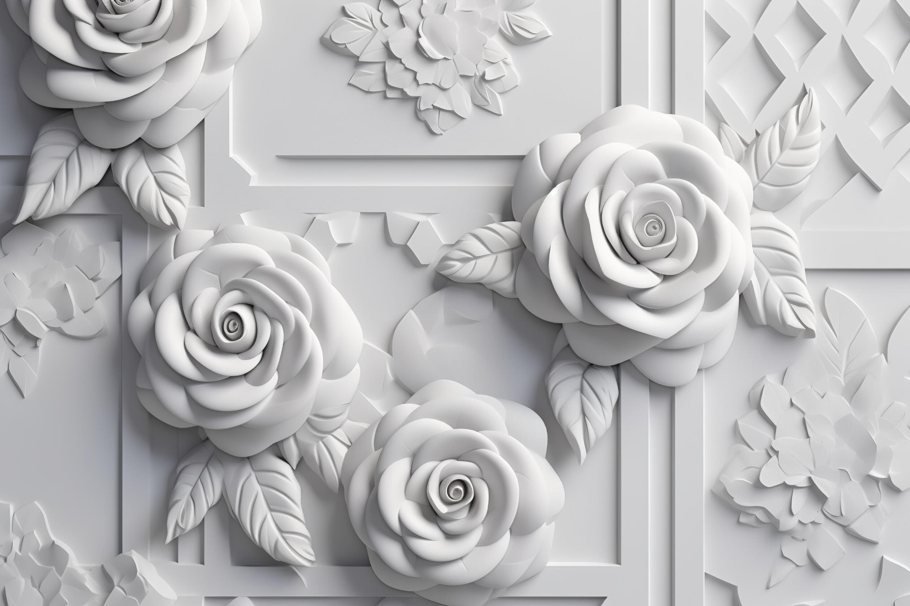 3d classic wallpaper. rose flowers on a light gray background with