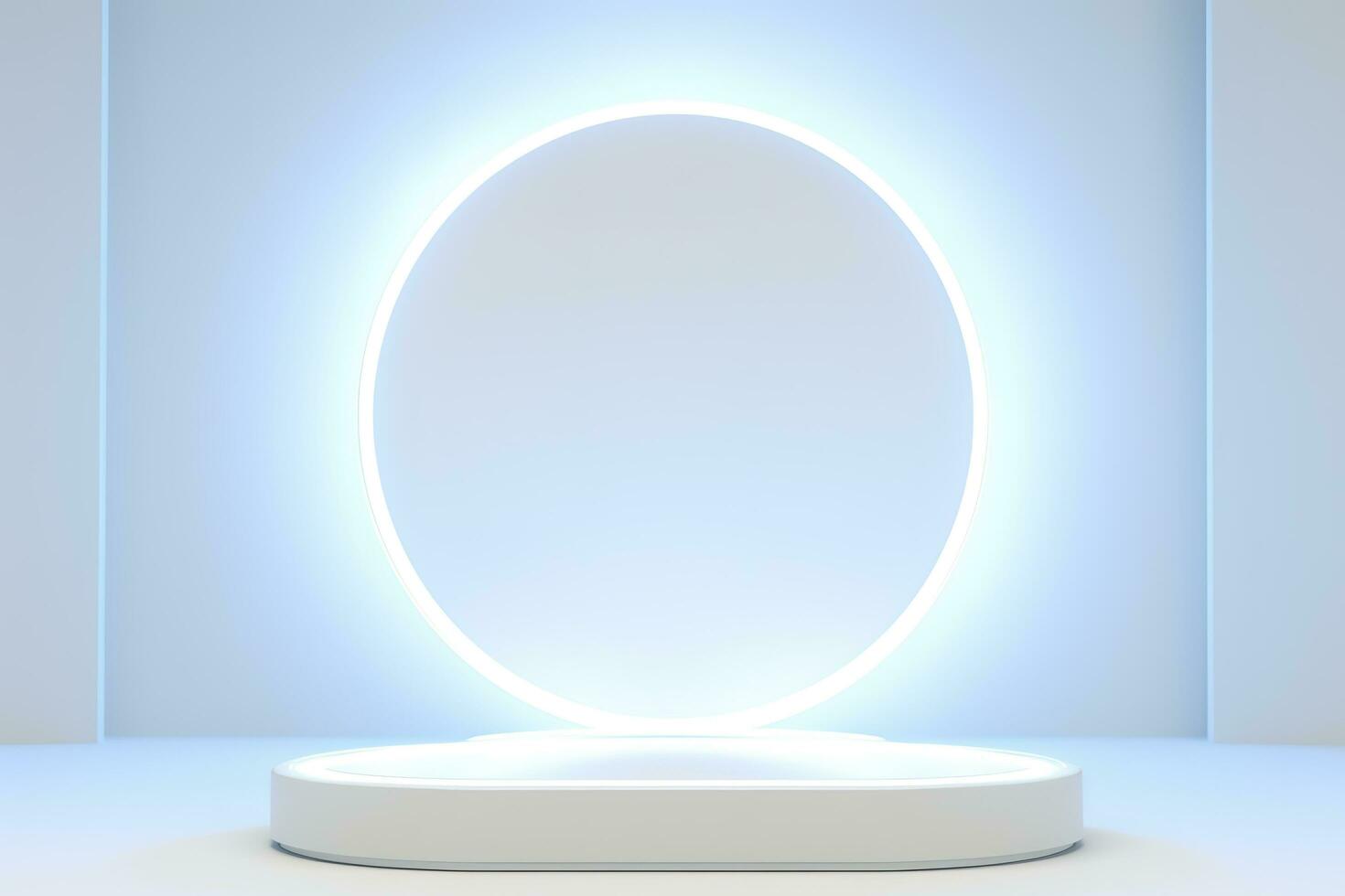 Abstract 3D silver cylinder pedestal podium floating on air with glowing neon ring background. Silver wall scene for product display presentation. rendering geometric platform, generate ai photo