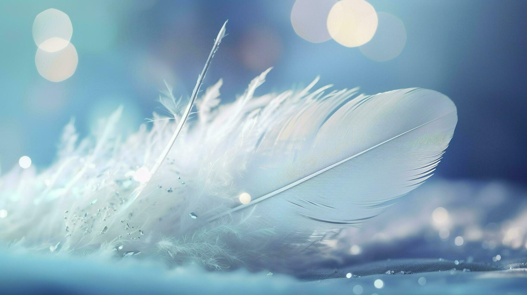 a bright blue background with one white feather, in the style of soft and dreamy pastels, glimmering light effects, nature inspired imagery, fairycore, soft focal points, generate ai photo