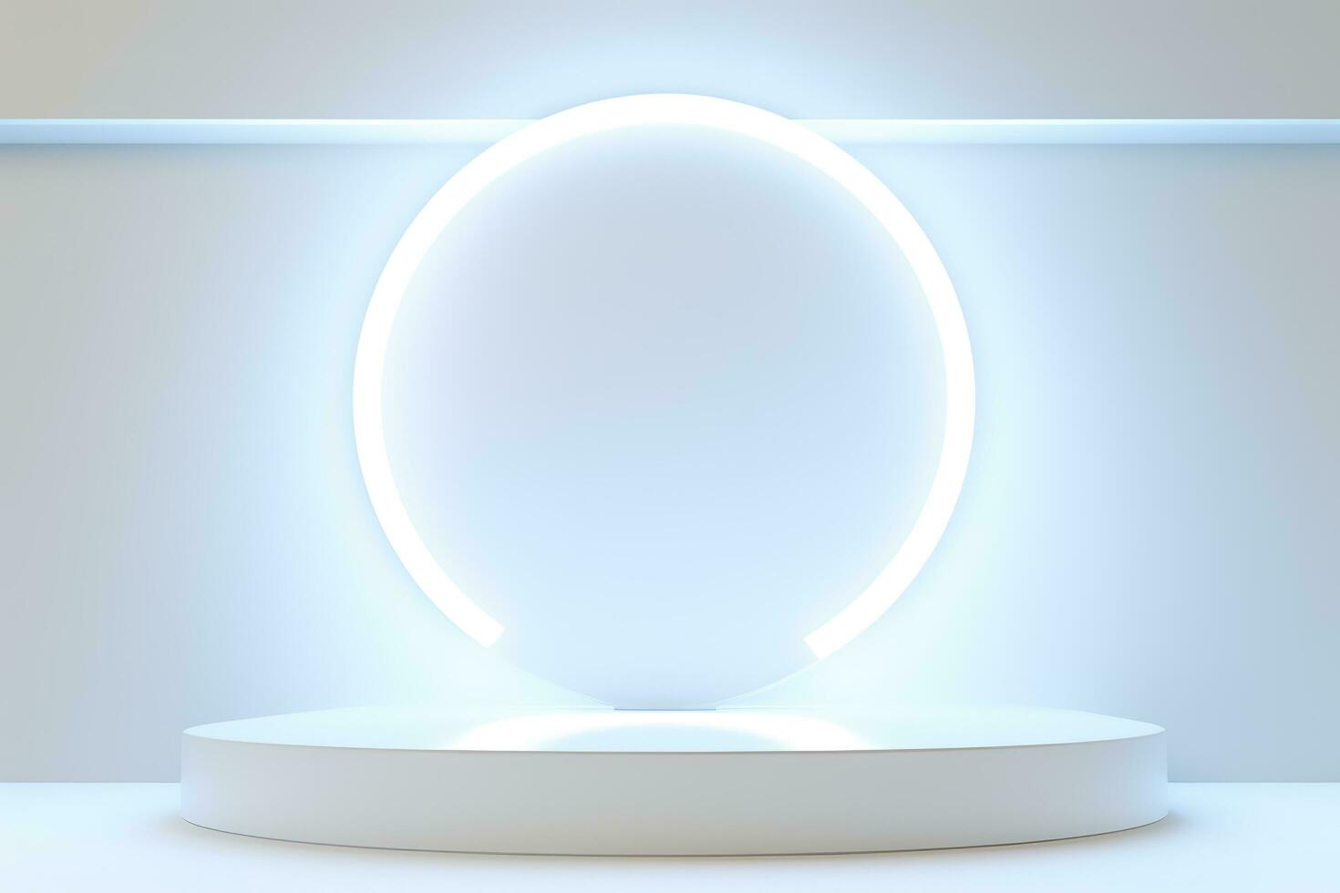 Abstract 3D silver cylinder pedestal podium floating on air with glowing neon ring background. Silver wall scene for product display presentation. rendering geometric platform, generate ai photo