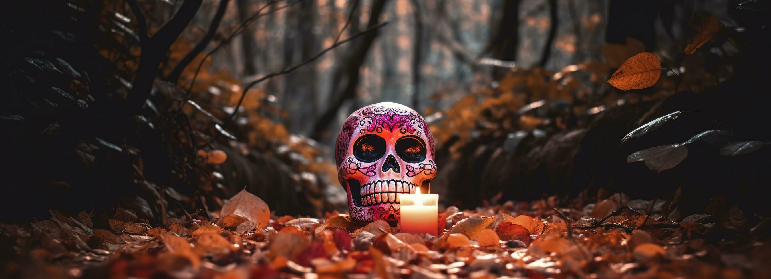 Day of the Dead skulls. Dia de los muertos. Day of the dead and mexican Halloween background. Mexican tradition festival. Day of the dead sugar skull. Dia de los Muertos, generate ai photo