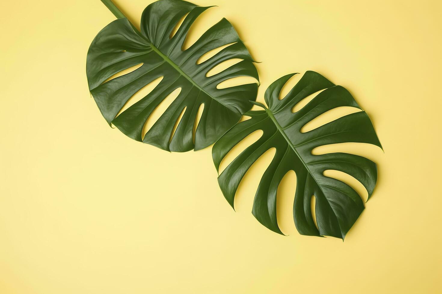 Beautiful tropical palm monstera leaves branch isolated on pastel yellow background, top view, flat lay, overhead above summer beauty blank design concept , generate ai photo